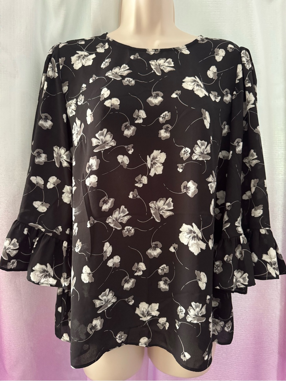 CeCe Black Blouse with White Floral Print and Ruffle Sleeves